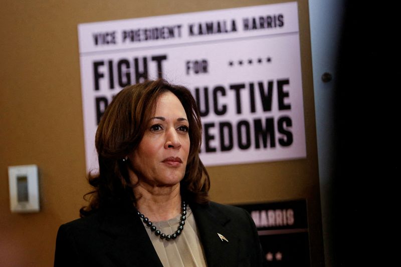 © Reuters. Vice President Kamala Harris looks on during a visit to the St. Paul Health Center, a clinic that performs abortions, in St. Paul, Minnesota, U.S., March 14, 2024. REUTERS/Nicole Neri