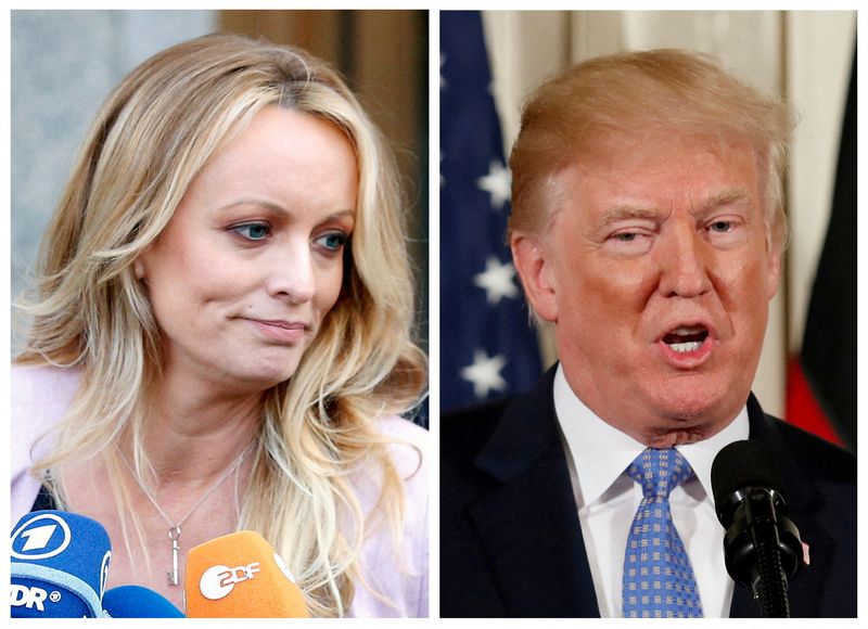 © Reuters. FILE PHOTO: A combination photo shows adult film actress Stephanie Clifford, also known as Stormy Daniels, speaking in New York City, and then- U.S. President Donald Trump speaking in Washington, Michigan, U.S. on April 16, 2018 and April 28, 2018 respectively. REUTERS/Brendan Mcdermid (L) REUTERS/Joshua Roberts/File Photo