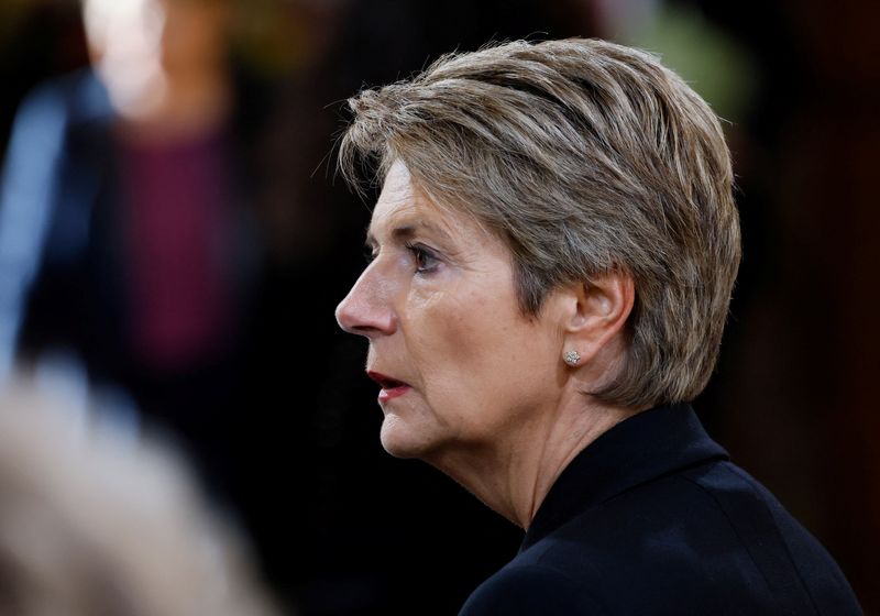 © Reuters. FILE PHOTO: Swiss Federal Councillor Karin Keller-Sutter looks on during a state visit in Bern, Switzerland, November 15, 2023. REUTERS/Denis Balibouse/File Photo