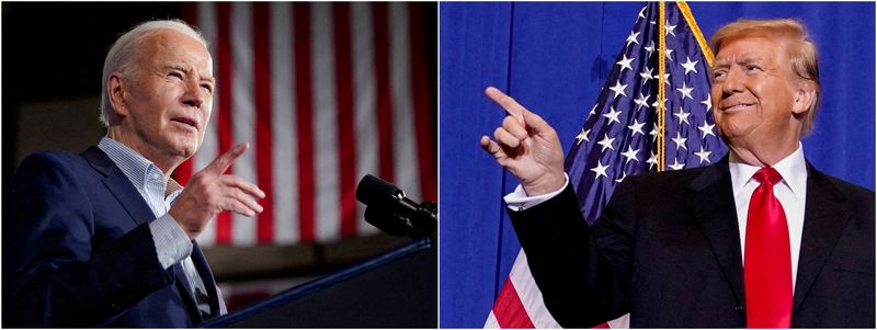 © Reuters. FILE PHOTO: Combination picture showing U.S. President Joe Biden delivering remarks on lowering costs for American families, in Las Vegas, Nevada, U.S., March 19, 2024 and Republican presidential candidate and former U.S. President Donald Trump taking the stage during a campaign rally in Atkinson, New Hampshire, U.S.,  January 16, 2024.  REUTERS/Kevin Lamarque and Elizabeth Frantz/File Photo