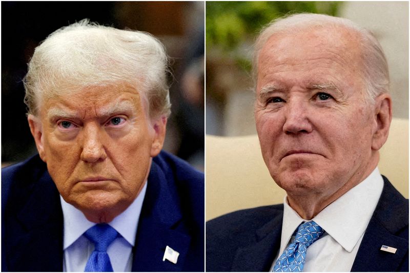 © Reuters. FILE PHOTO: Combination picture showing former U.S. President Donald Trump in New York City, U.S., November 6, 2023 and U.S. President Joe Biden in the Oval Office at the White House in Washington, U.S., March 1, 2024. REUTERS/Brendan McDermid and Elizabeth Frantz//File Photo