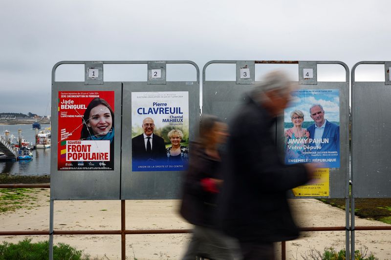 © Reuters. People walk past campaign posters on election boards ahead of the June 30 and July 7 French legislatives elections, in Quiberon, western France, June 20, 2024. REUTERS/Sarah Meyssonnier/File Photo