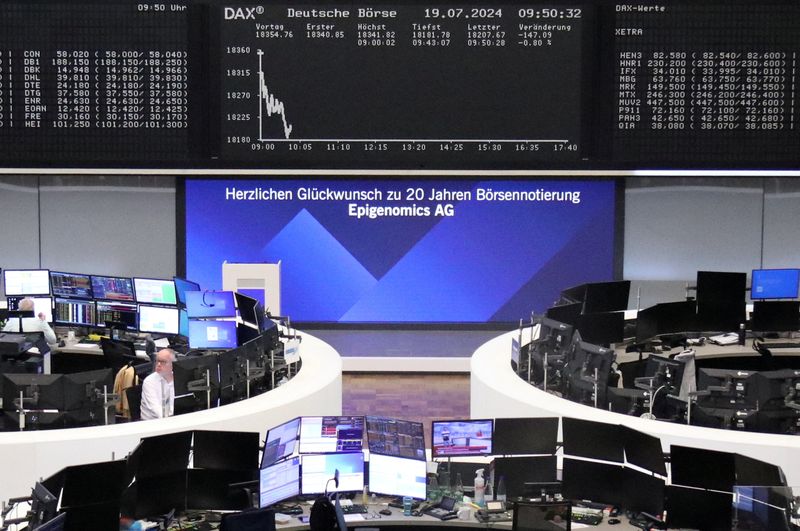 © Reuters. The German share price index DAX graph is pictured at the stock exchange in Frankfurt, Germany, July 19, 2024.     REUTERS/Staff