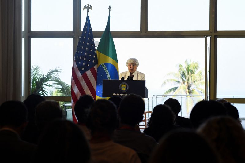 © Reuters. U.S. Treasury Secretary Janet Yellen speaks during a G20 event in Barra da Tijuca, Rio de Janeiro, Brazil, July 25, 2024. REUTERS/Tita Barros