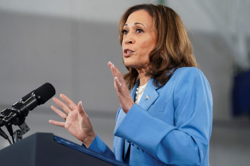 © Reuters. U.S. Vice President and Democratic presidential candidate Kamala Harris speaks, at the Hendrick Center for Automotive Excellence in Raleigh, North Carolina, U.S., August 16, 2024. REUTERS/Kevin Lamarque