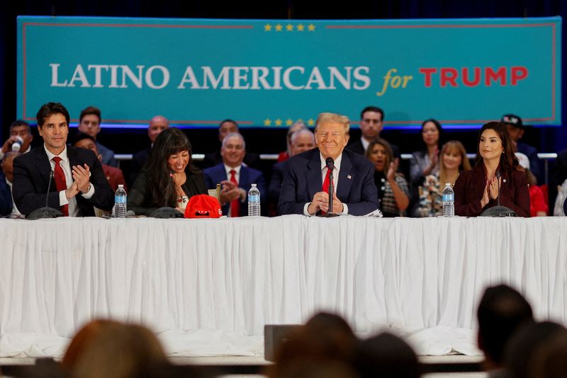 © Reuters. FILE PHOTO: Then-Republican presidential candidate and former U.S. President Donald Trump reacts during a roundtable discussion with Latino community leaders in Doral, Florida, U.S. October 22, 2024. REUTERS/Marco Bello/File Photo