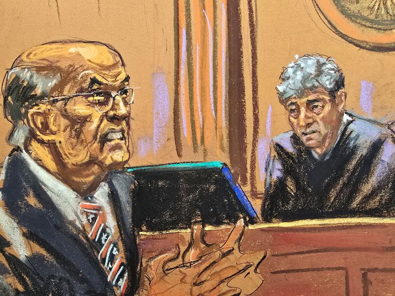 © Reuters. Former Donald Trump lawyer and former New York City Mayor Rudolph Giuliani argues with Judge Lewis Liman as he appears in U.S. Federal court after failing to surrender valuables to Georgia election workers he was found to have defamed, in Manhattan in New York City, U.S., November 7, 2024 in this courtroom sketch. REUTERS/Jane Rosenberg