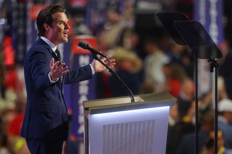 © Reuters. FILE PHOTO: Representative Matt Gaetz (R-FL) speaks on Day 3 of the Republican National Convention (RNC), at the Fiserv Forum in Milwaukee, Wisconsin, U.S., July 17, 2024. REUTERS/Brian Snyder/File Photo