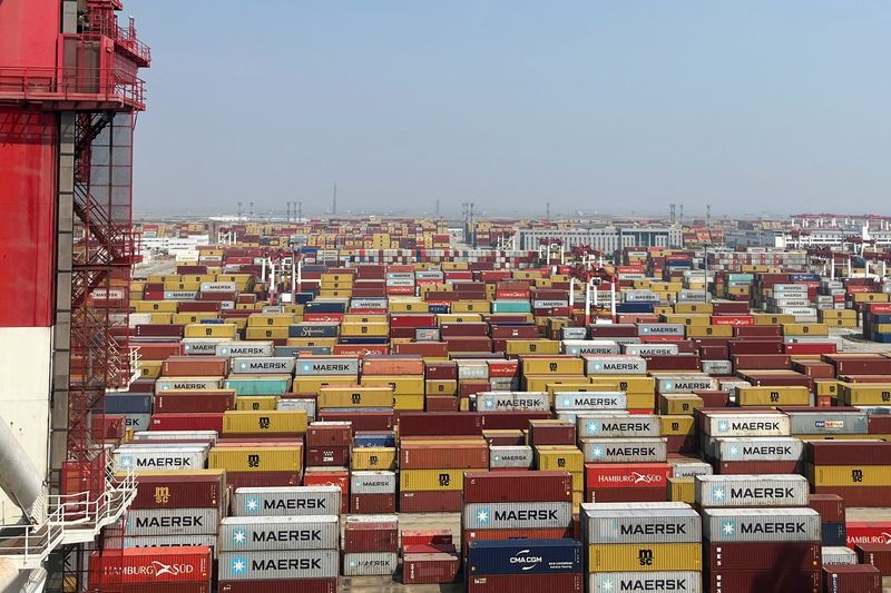 © Reuters. FILE PHOTO: Containers sit at a terminal at the Yangshan deepwater port during an organised media tour, in Shanghai, China October 10, 2024. REUTERS/Casey Hall/File Photo