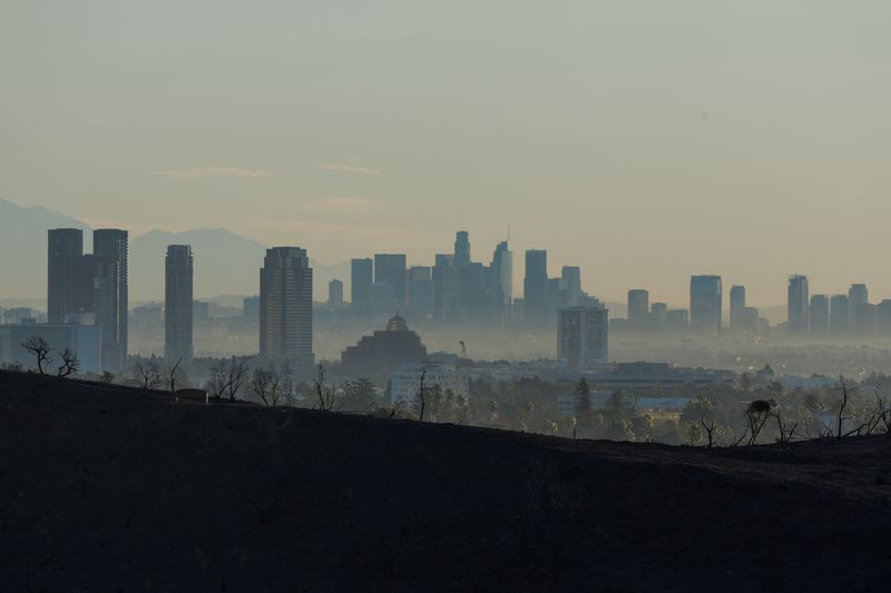 © Reuters. Los Angeles skyline is seen following the Palisades Fire at the Pacific Palisades neighborhood in Los Angeles, California, U.S.  January 13, 2025. REUTERS/Mike Blake